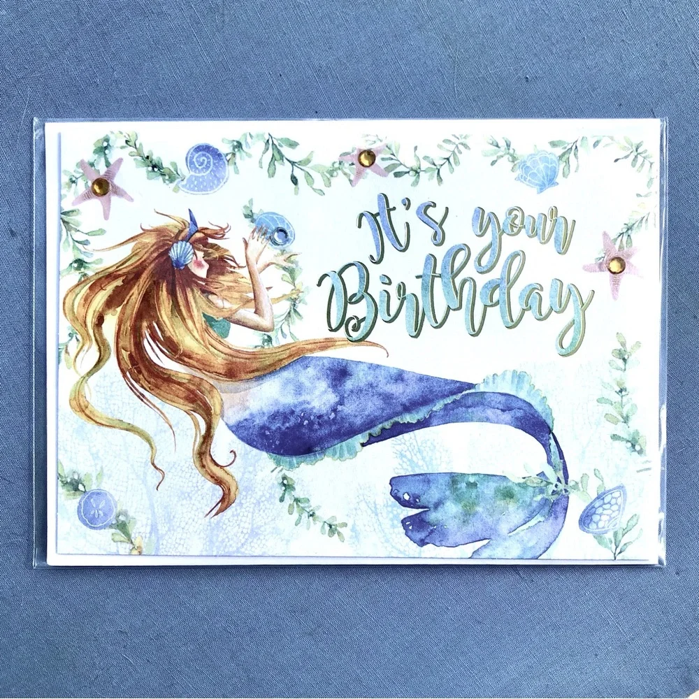 Punch Studio Single(1) 3D Embellished Birthday Mermaid Card Env+Seal 5x7 (62660)